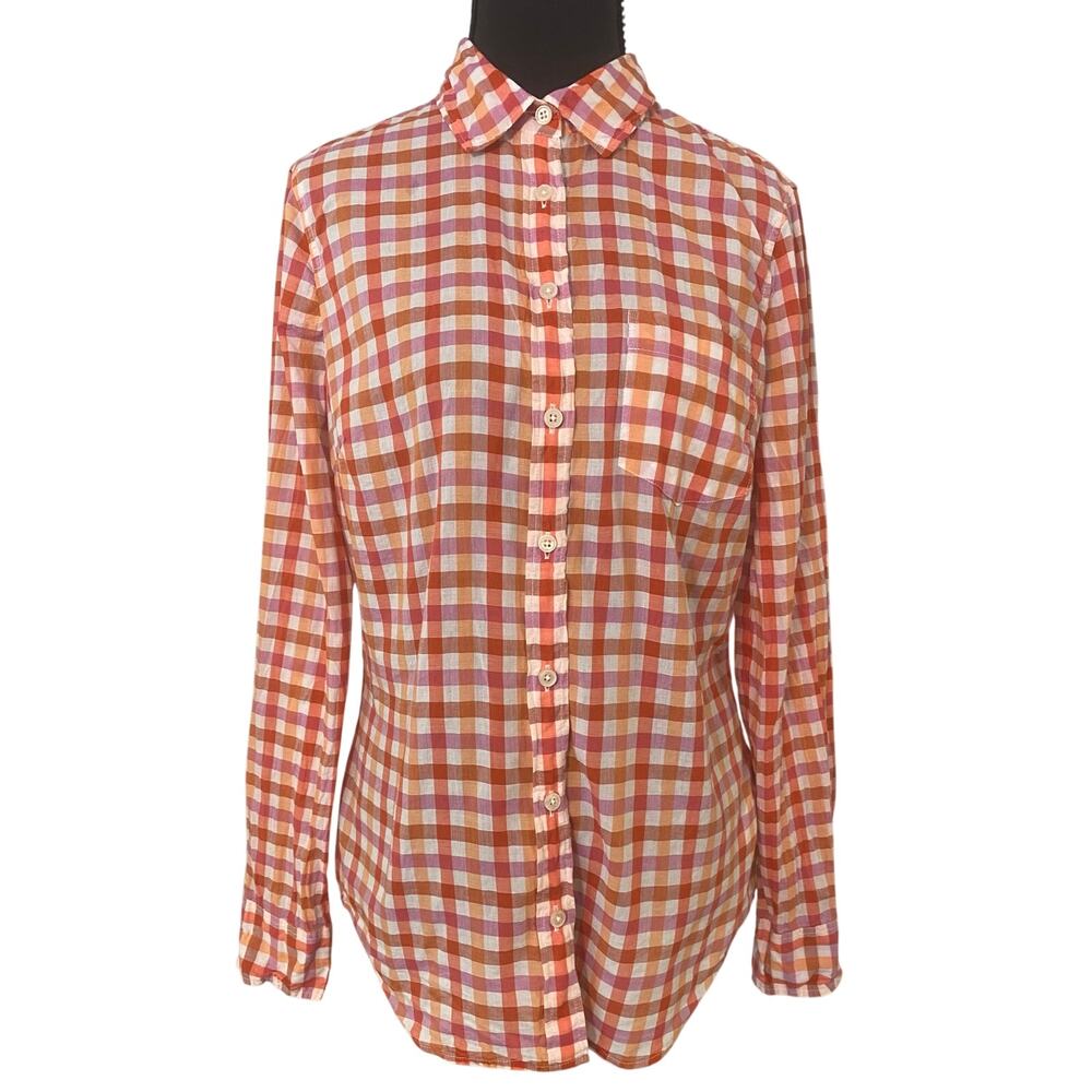 J.Crew Orange Pink Plaid Cotton Button Down Shirt Women Small Preppy Fall Layer